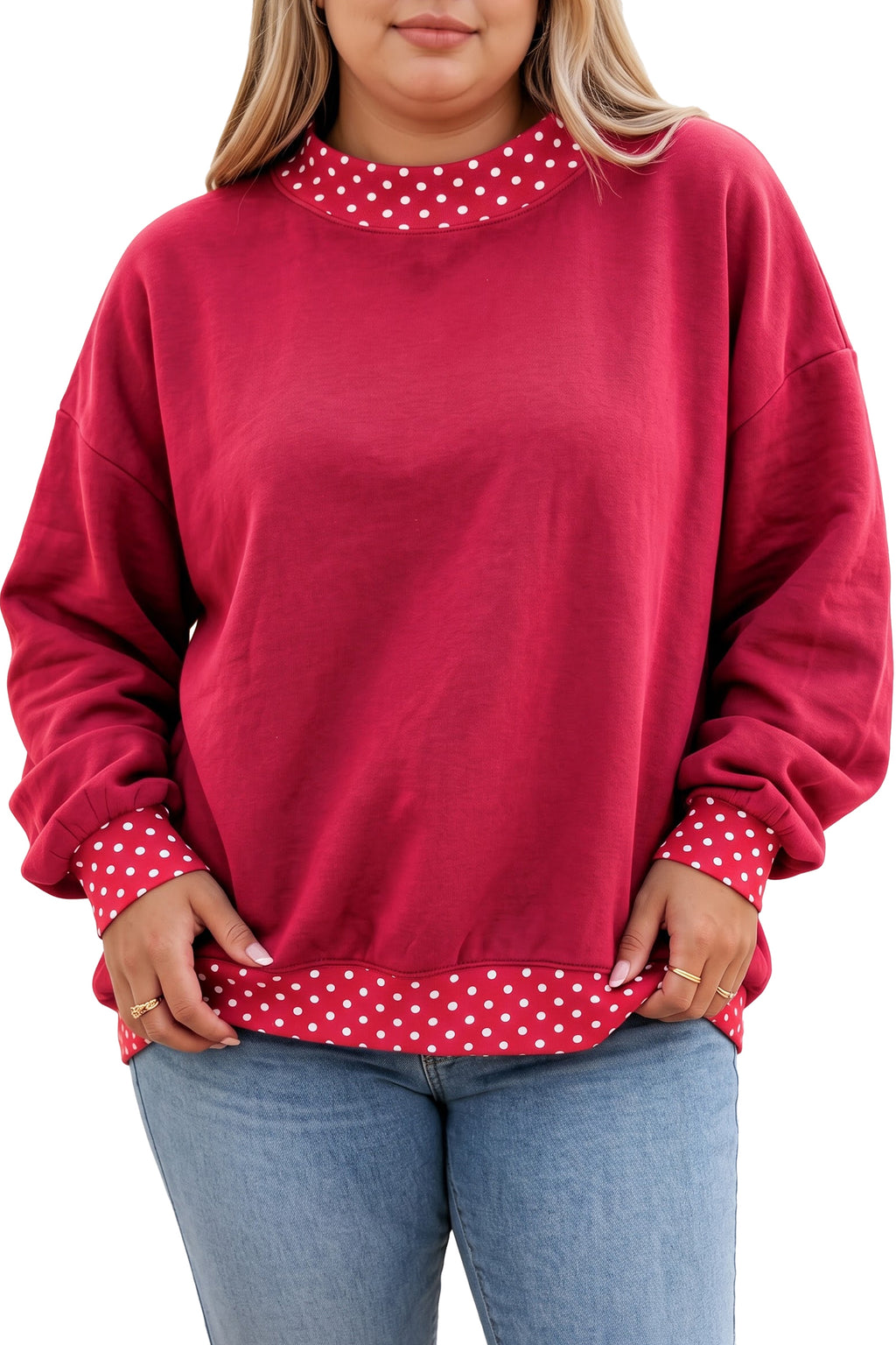 Brown Polka Dot Patchwork Round Neck Plus Size Sweatshirt