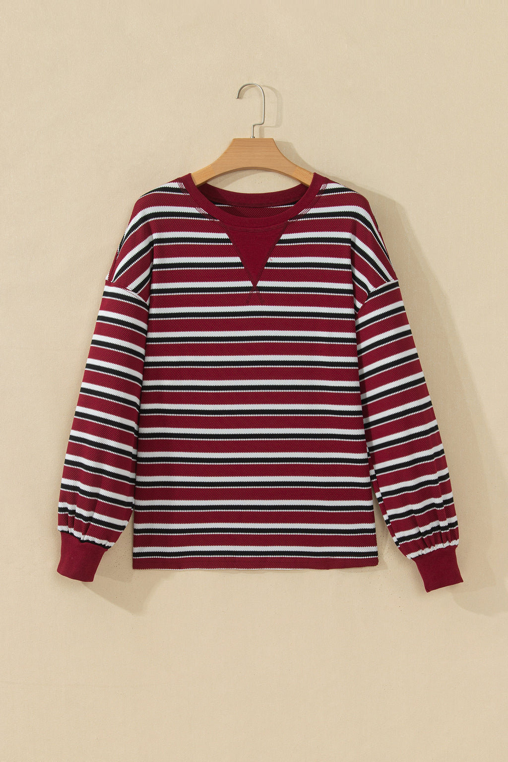 Red Stripe Dropped Shoulder Long Puff Sleeve Top