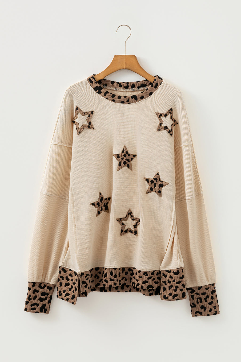 Beige Contrast Leopard Star Patchwork Detail Raw Seam Baggy Sweatshirt
