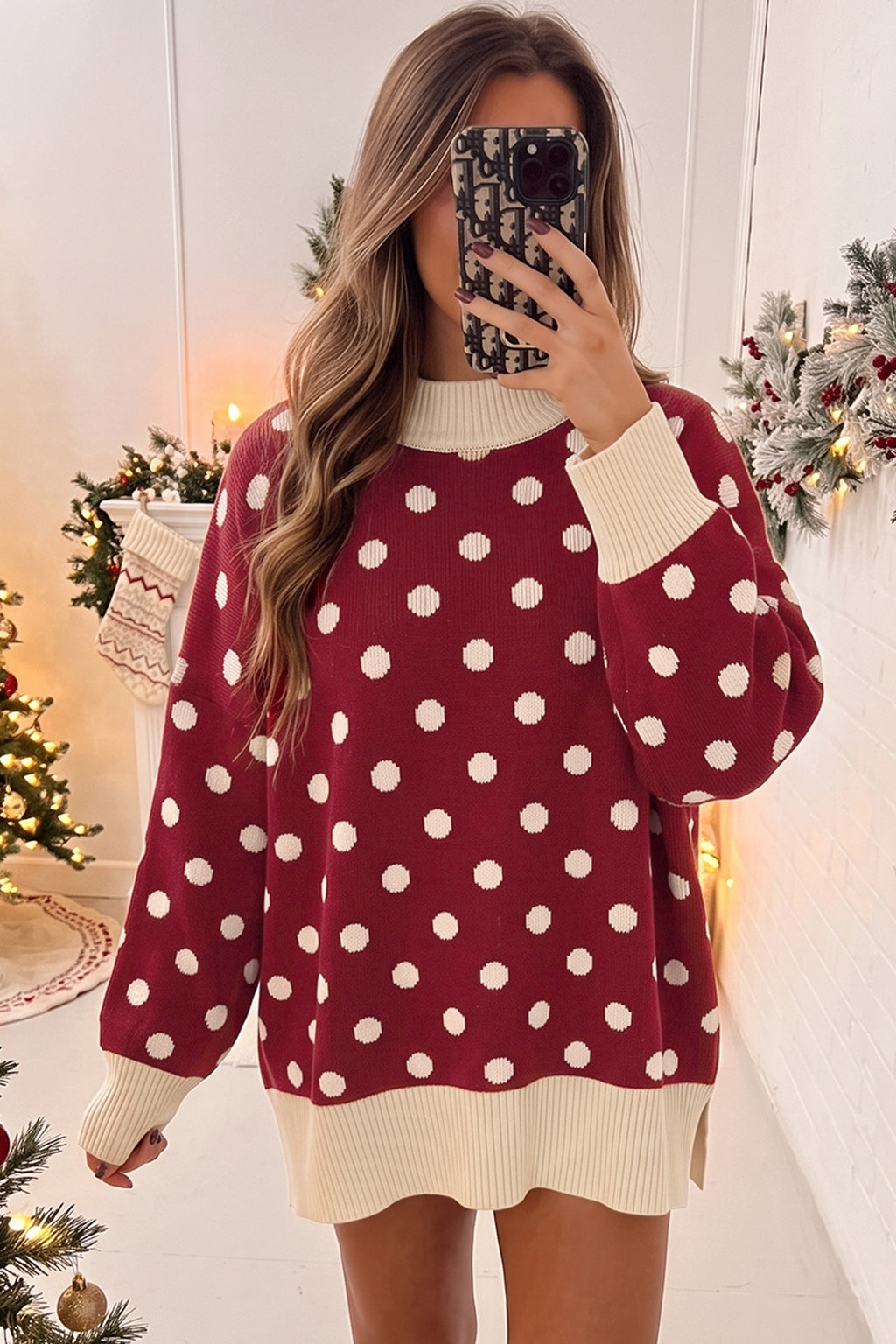 Black Polka Dot Pattern Ribbed Colorblock Trim Split Tunic Sweater