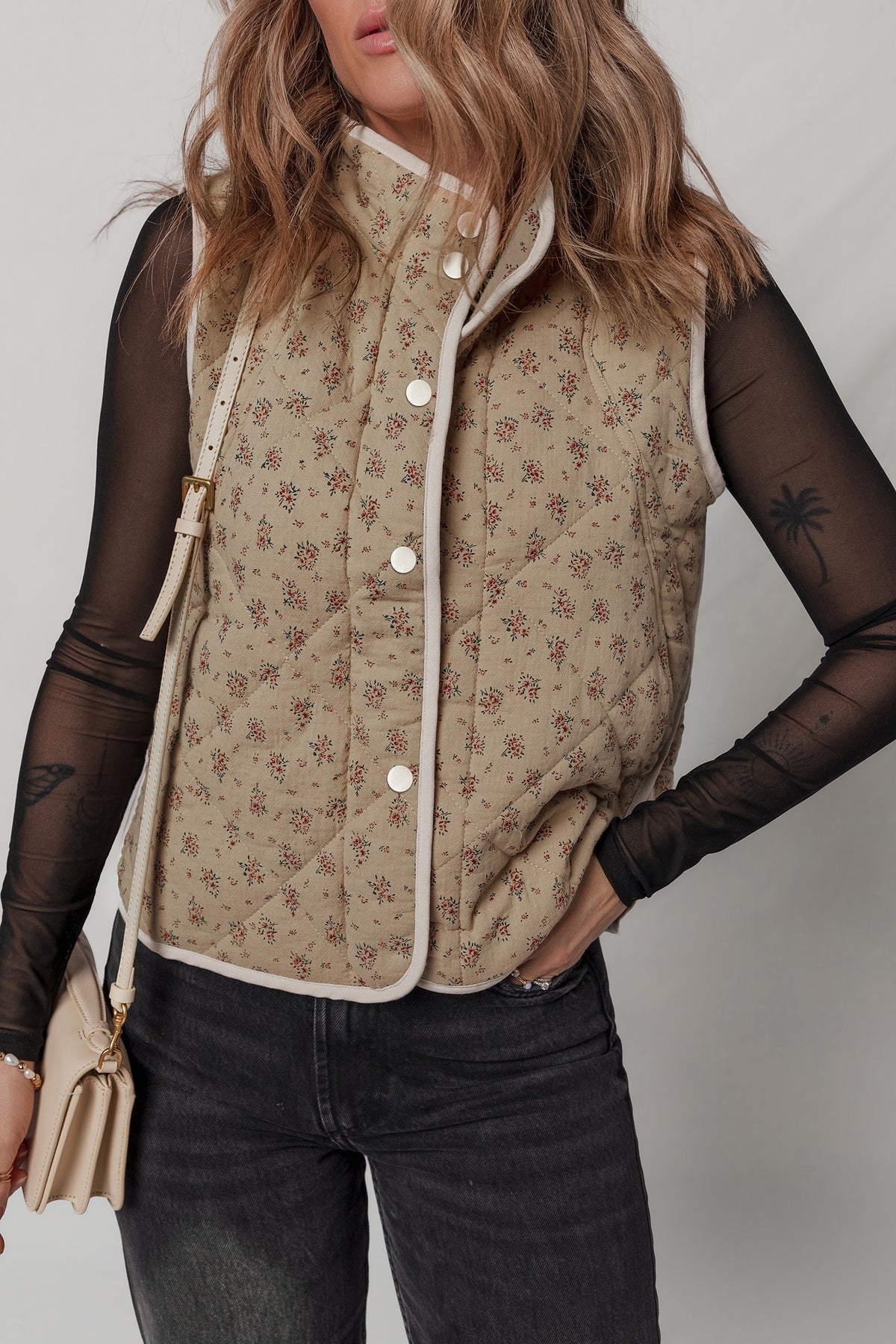 Khaki Floral Print Quilted Concealed Button Vest