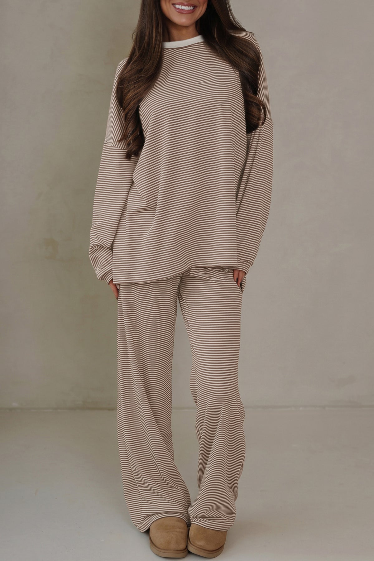 Brown Stripe Contrast Trim Round Neck Oversize Long Sleeve Top 2pcs Pant Set