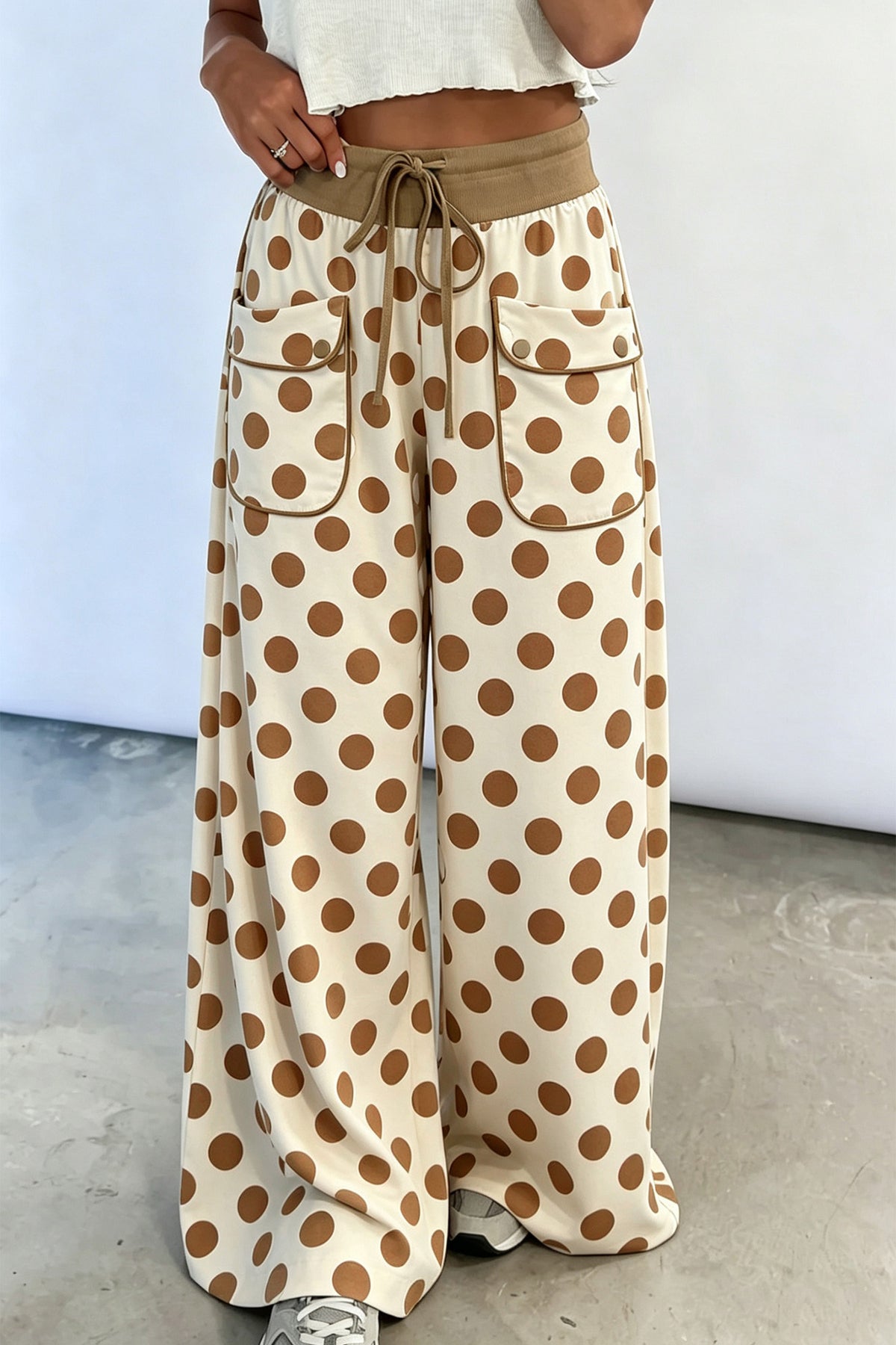 Khaki Polka Dot Drawstring Pocket Wide Leg Pants