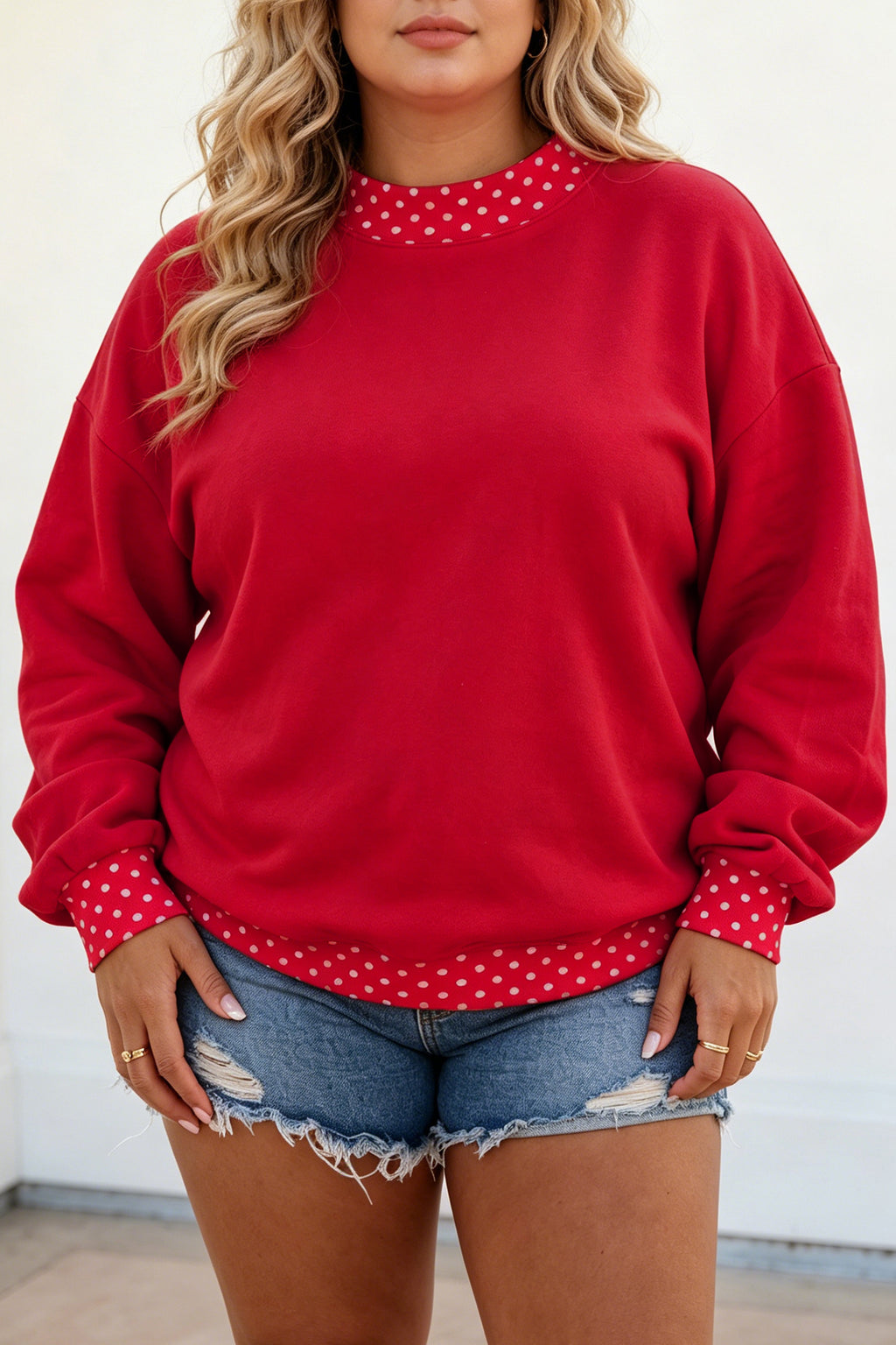 Brown Polka Dot Patchwork Round Neck Plus Size Sweatshirt
