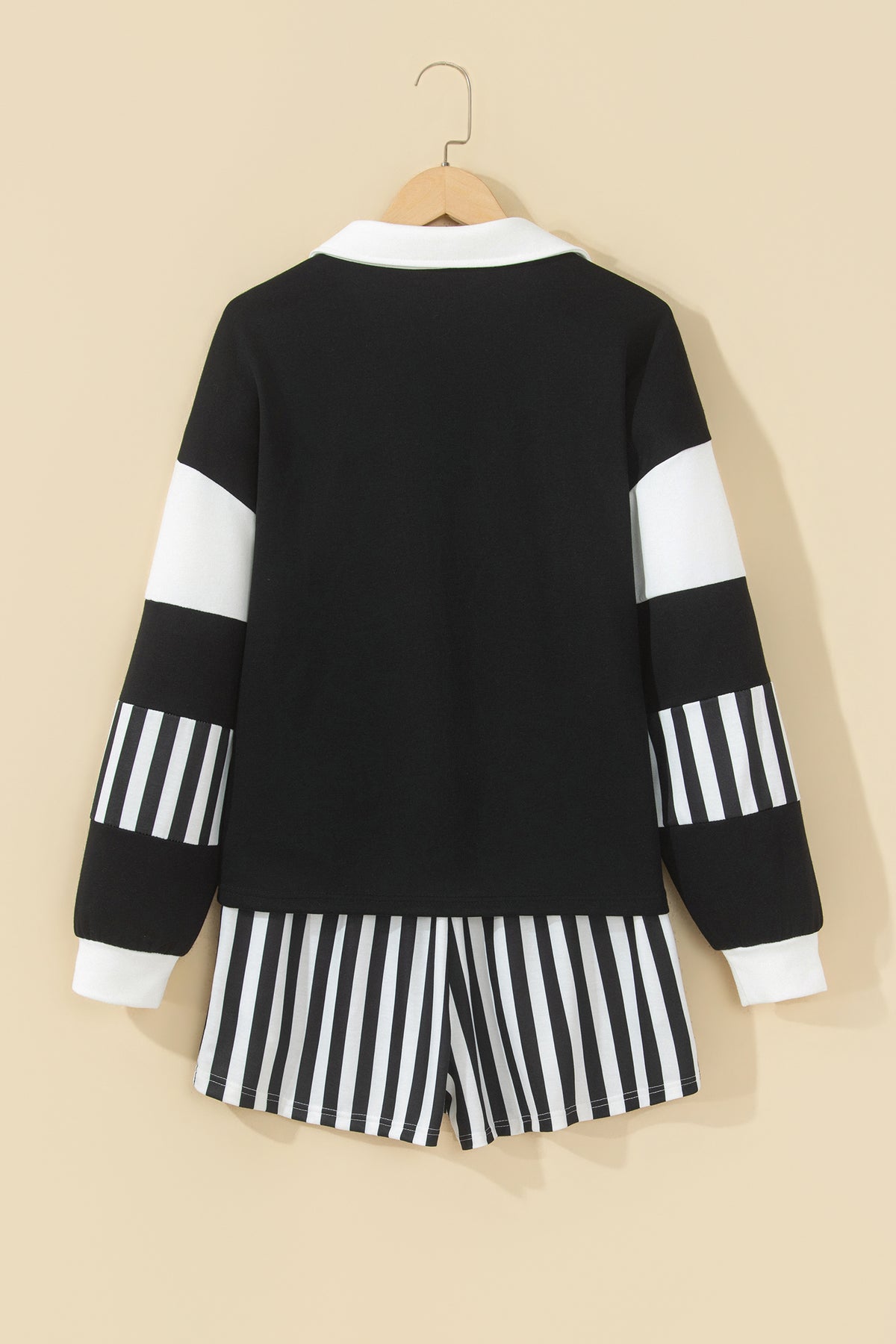 Smoke Green Striped Color Block Pullover Top Drawstring Shorts Set
