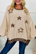 Beige Contrast Leopard Star Patchwork Detail Raw Seam Baggy Sweatshirt
