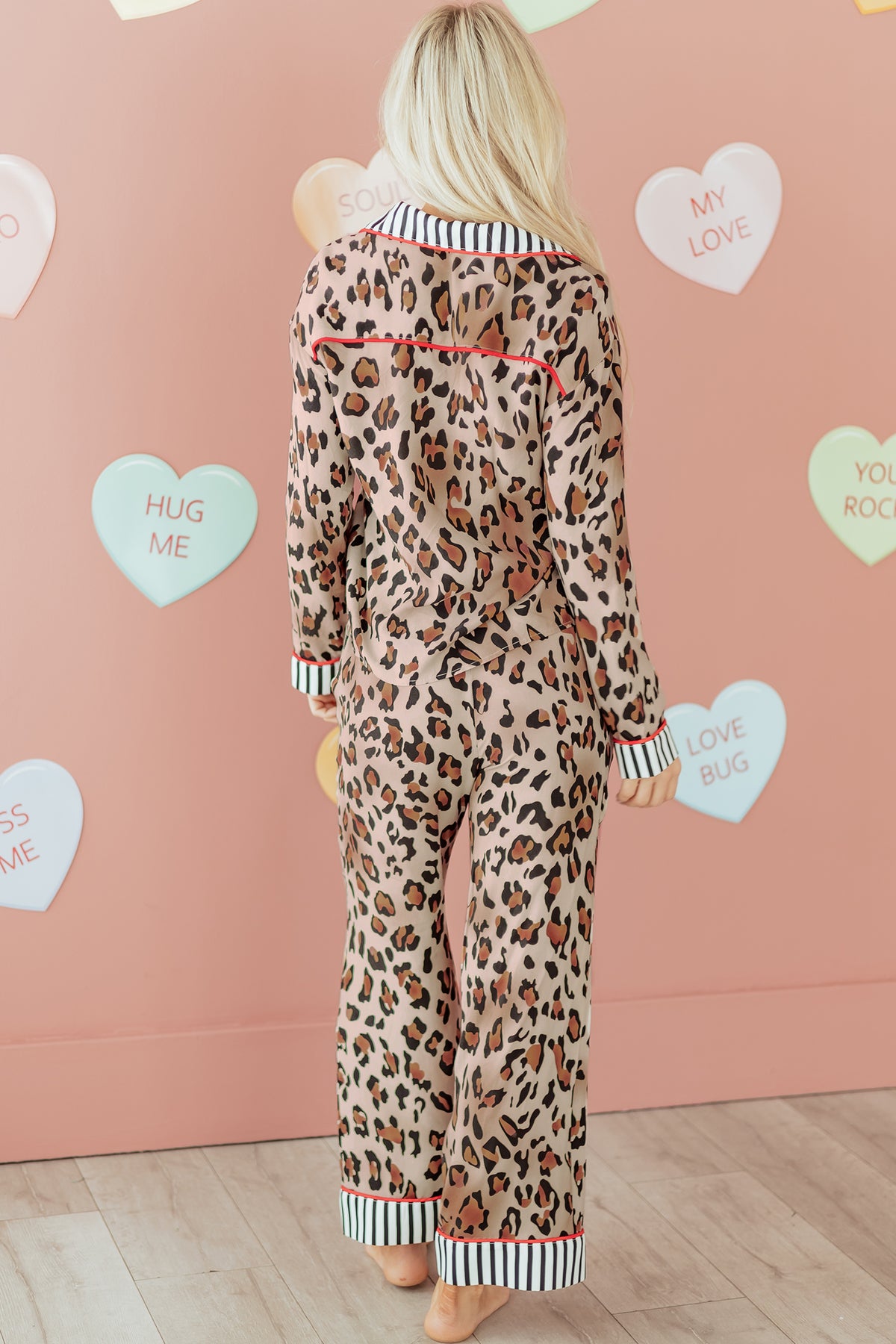 Khaki Leopard Print Colorblock Striped Edge Shirt and Pants Pajama Set