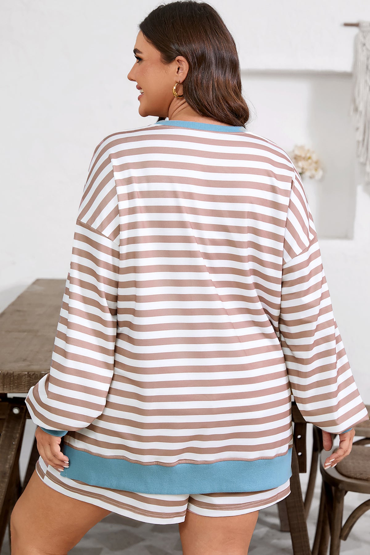 Khaki Stripe Contrast Edge Drop Shoulder Pullover and Shorts Plus Size Set