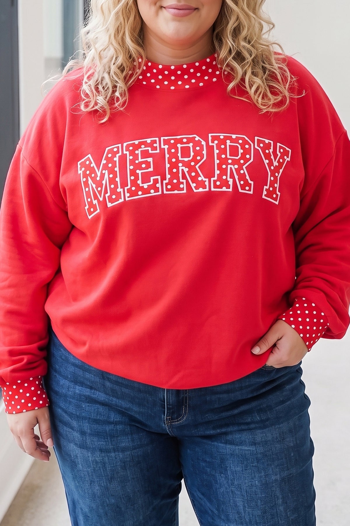 Dirty blue Casual Polka Dot Patchwork Letter Graphic Plus Size Sweatshirt