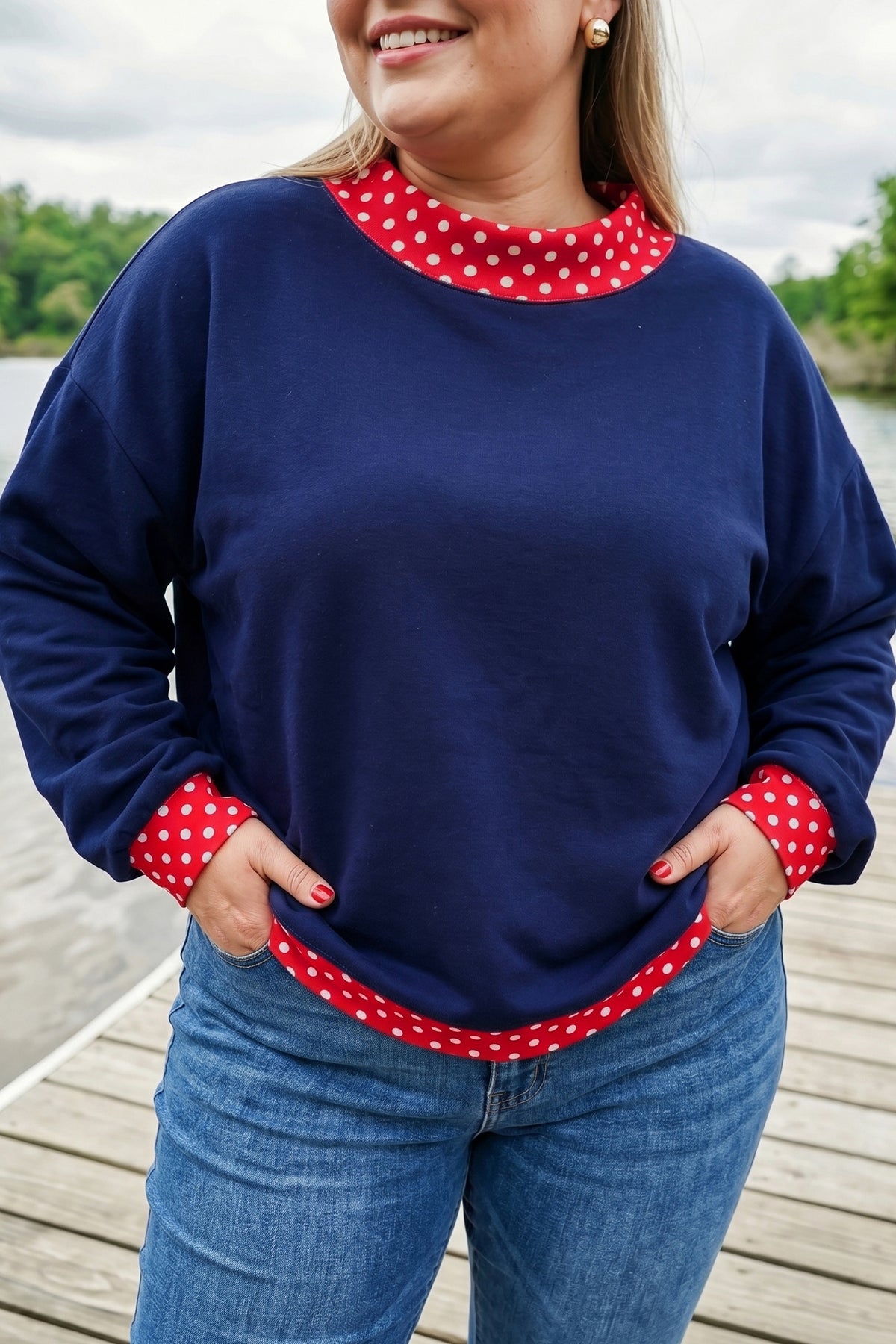 Brown Polka Dot Patchwork Round Neck Plus Size Sweatshirt