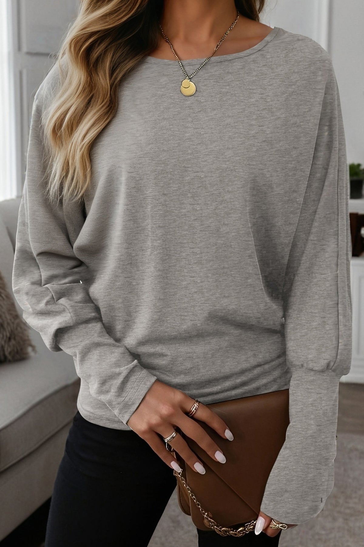 Red Dahlia Solid Color Extended Cuffs Long Sleeve Top