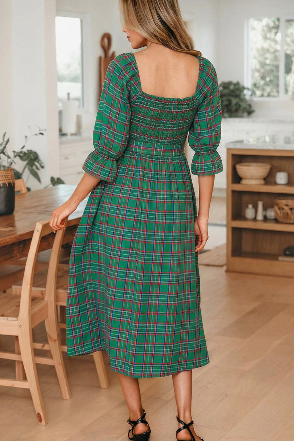 Green Tartan Plaid Square Neck Puff Sleeve Knot Waist Flared Midi Dress