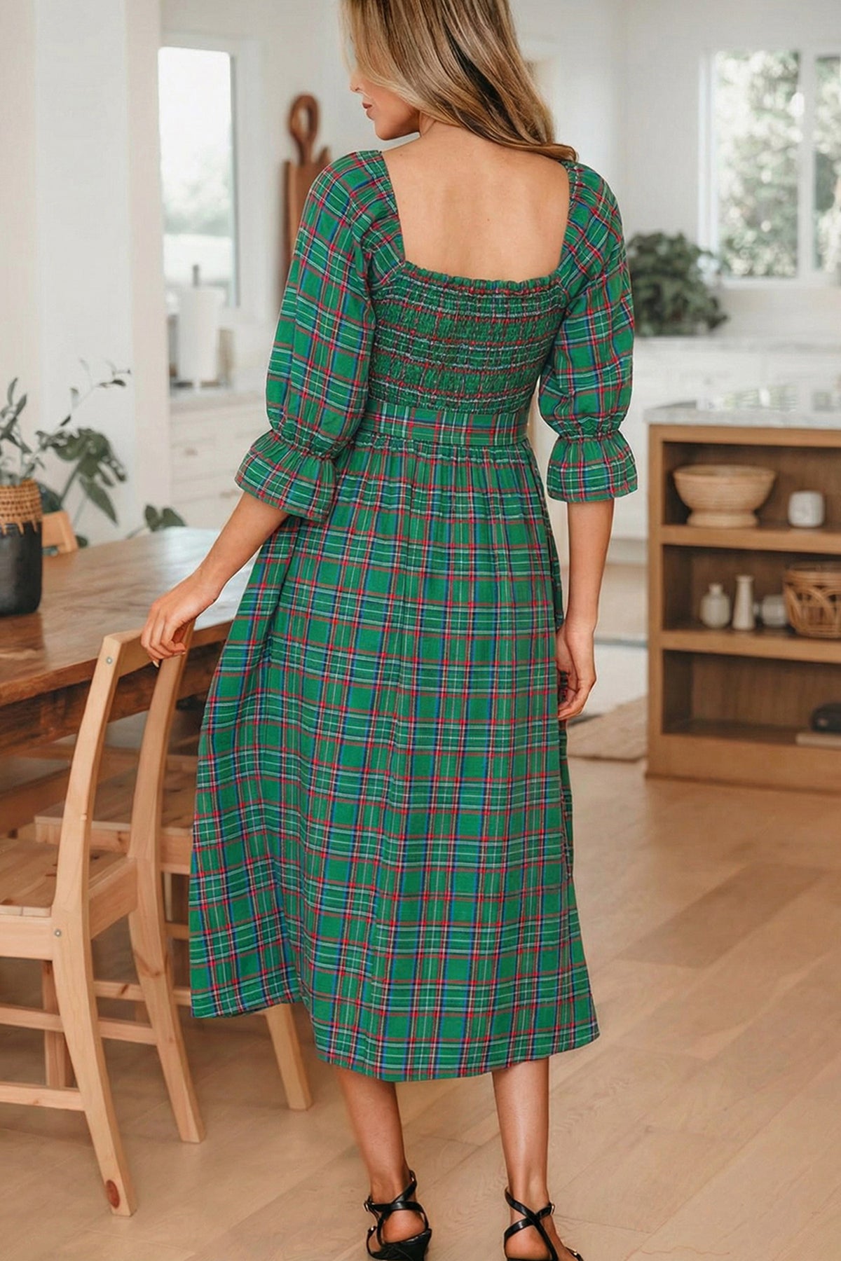 Green Tartan Plaid Square Neck Puff Sleeve Knot Waist Flared Midi Dress