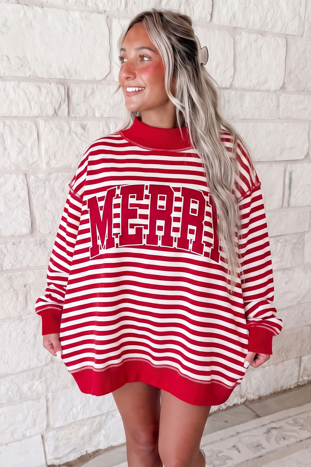 Green Stripe Christmas Slogan Embroidery Patched Mock Neck Oversized Sweatshirt