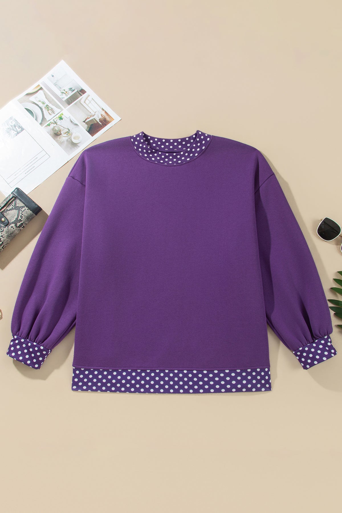Brown Polka Dot Patchwork Round Neck Plus Size Sweatshirt