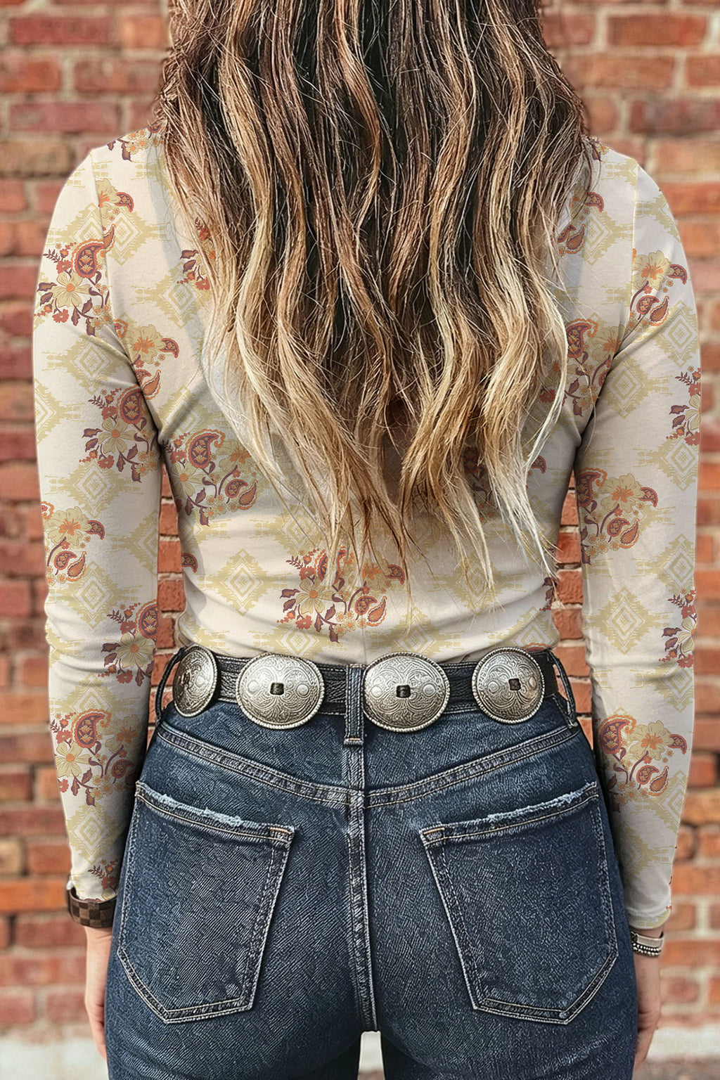 Oatmeal Western Print Slim Fit Mesh Long Sleeve Mock Neck Top