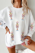 White Corded Rib Sequin Patched Nutcracker Graphic Drop Shoulder Sweatshirt