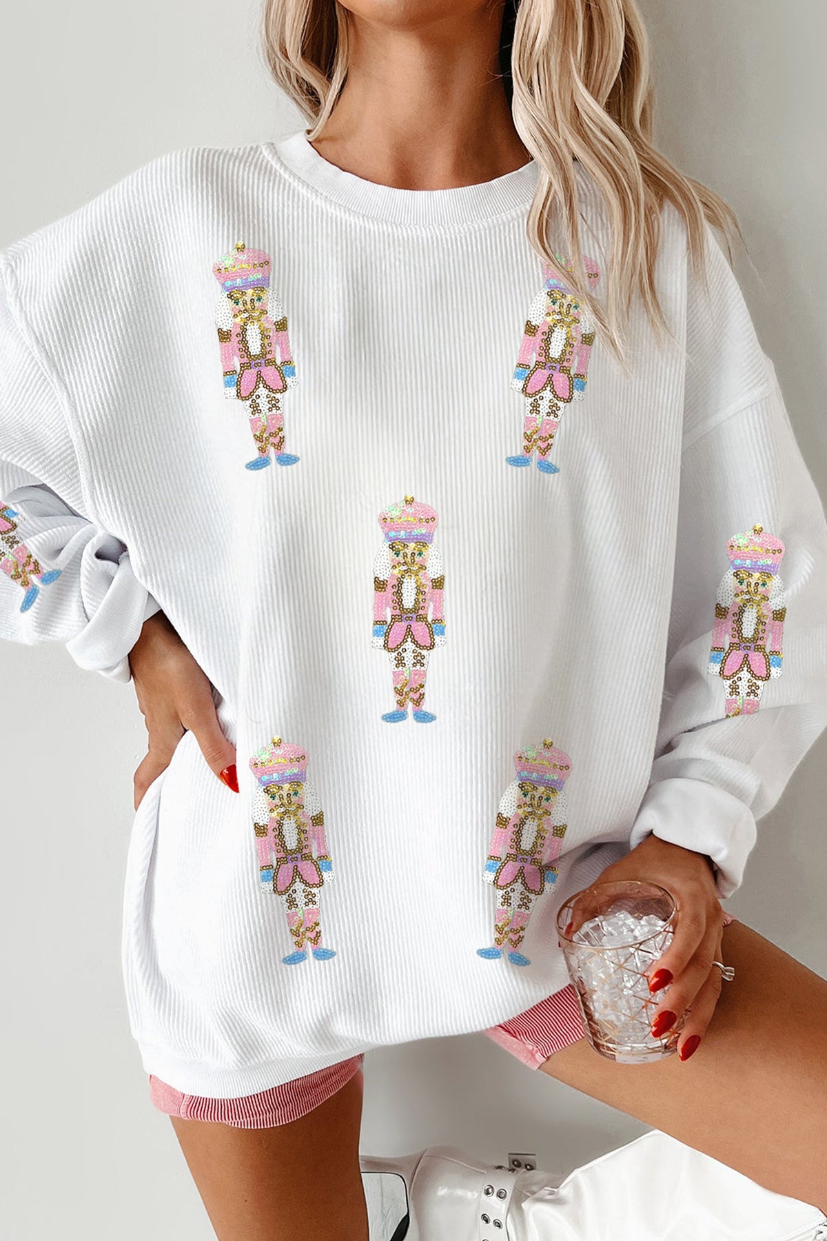 White Corded Rib Sequin Patched Nutcracker Graphic Drop Shoulder Sweatshirt
