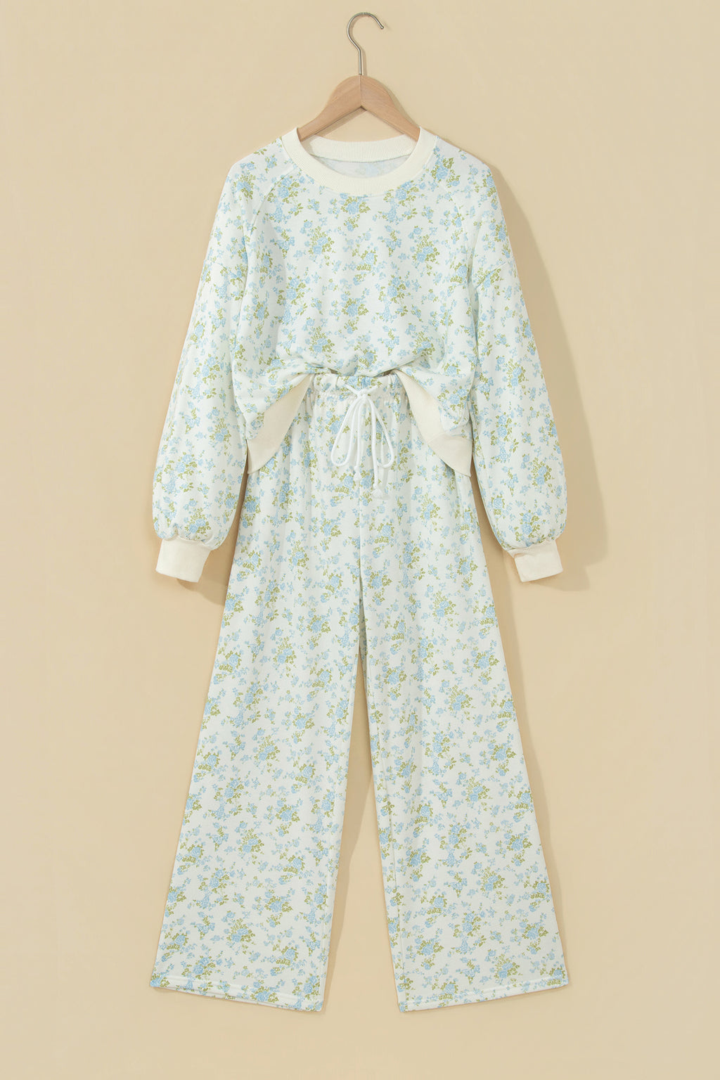 Sky Blue Floral Print Long Sleeve Top Drawstring Wide Leg Pants Set
