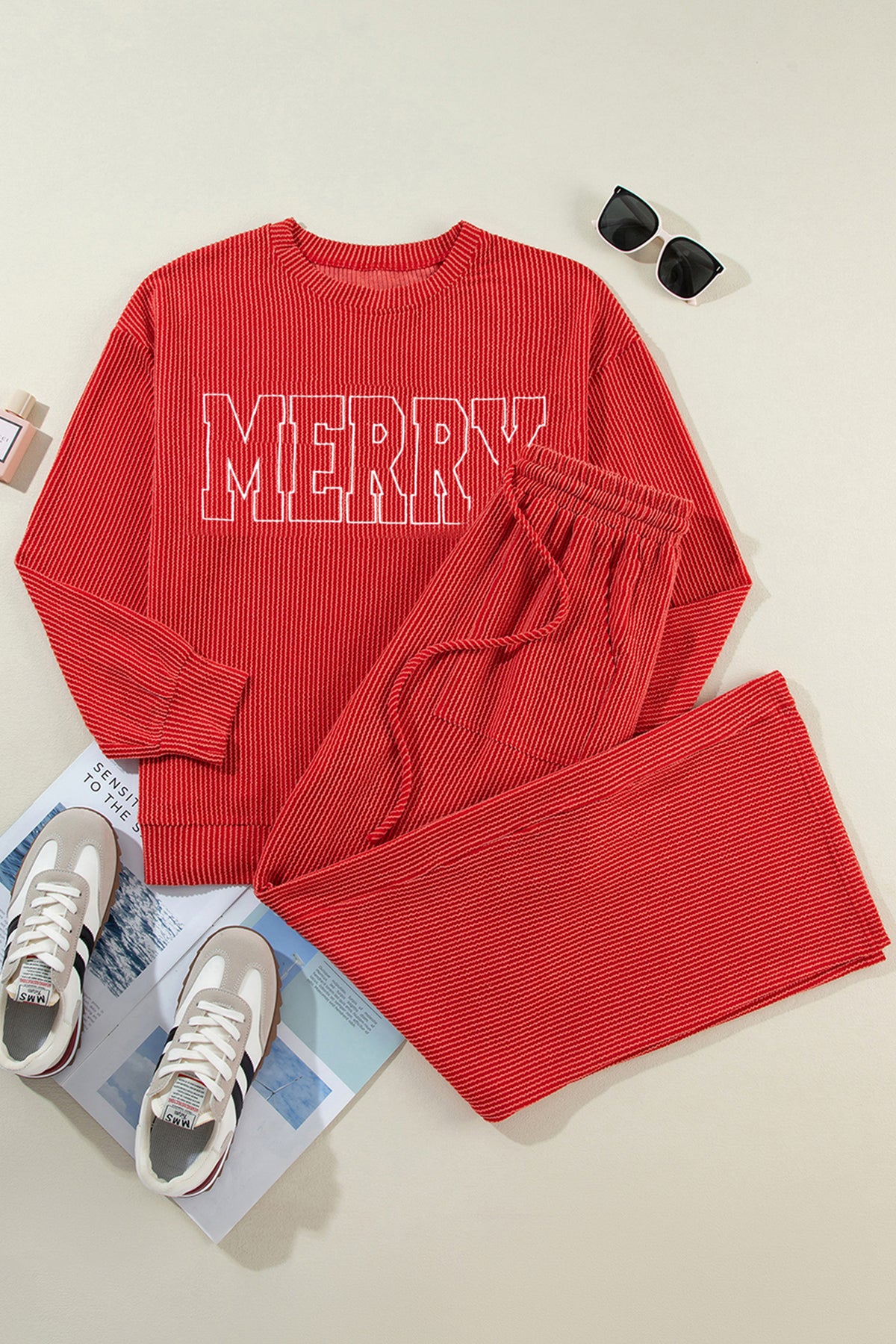 Dark Green MERRY Corded Long Sleeve Top and Pockets Pants Set