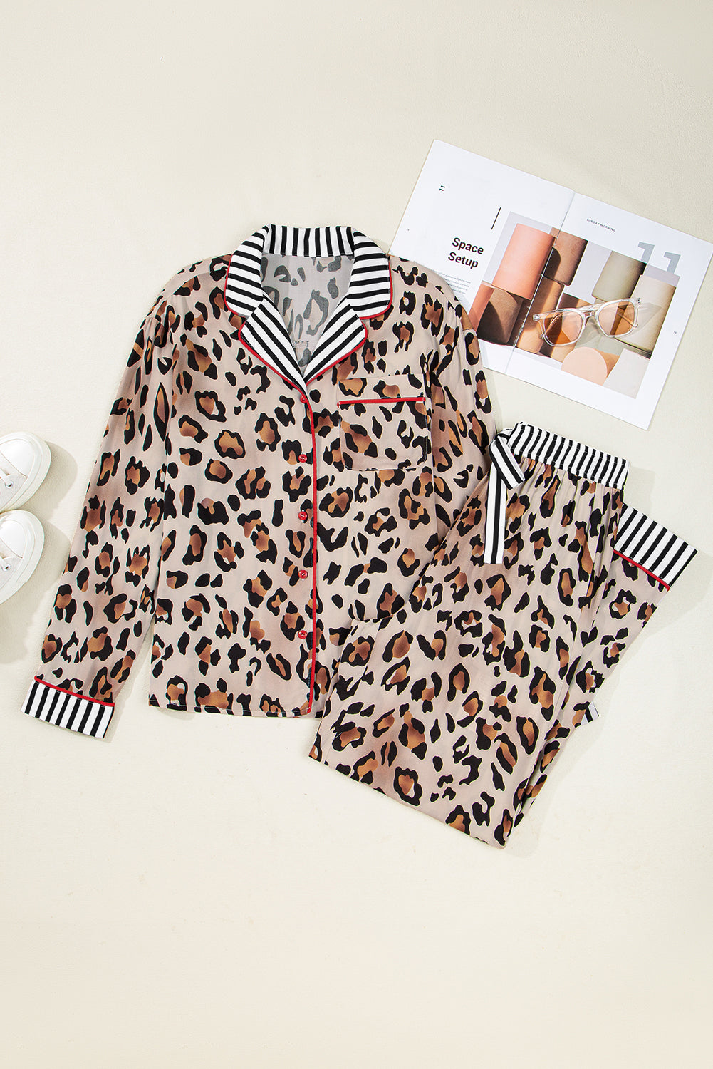 Khaki Leopard Print Colorblock Striped Edge Shirt and Pants Pajama Set