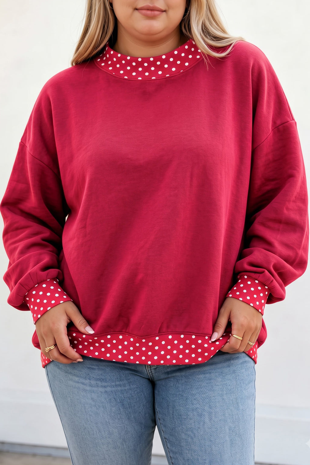 Brown Polka Dot Patchwork Round Neck Plus Size Sweatshirt