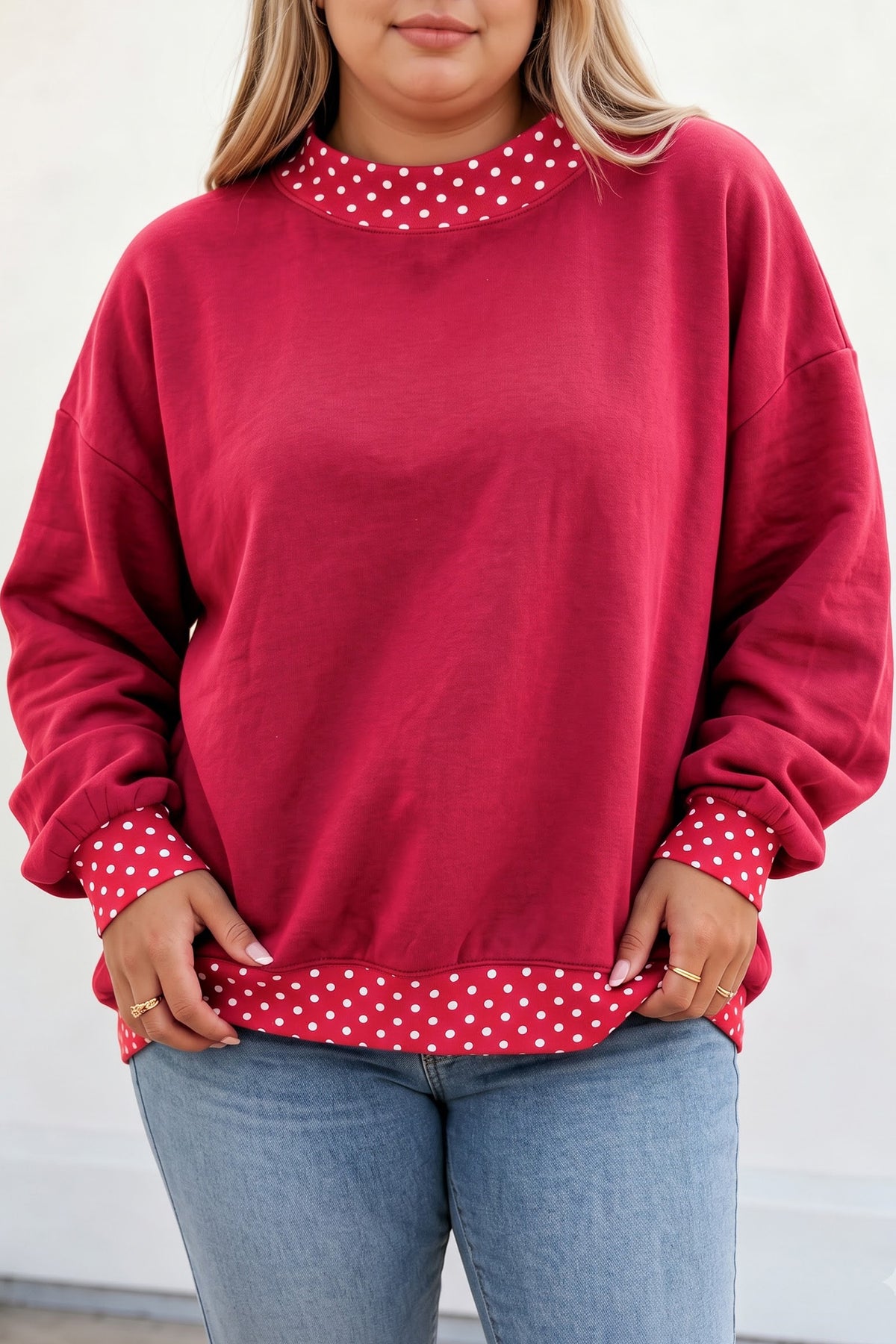 Brown Polka Dot Patchwork Round Neck Plus Size Sweatshirt