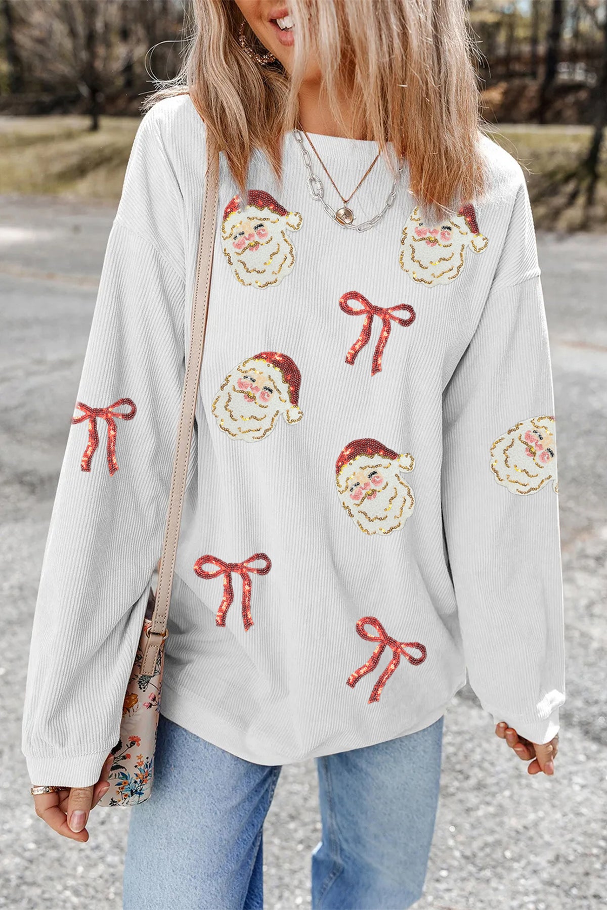 White Corded Rib Sequin Santa Bow Patched Drop Shoulder Graphic Sweatshirt
